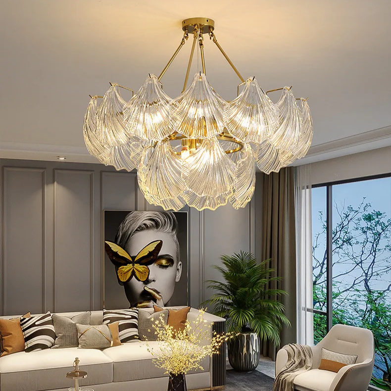 Nemsk | Lunera | Shell Glass & Metal Chandelier With Oval Shades